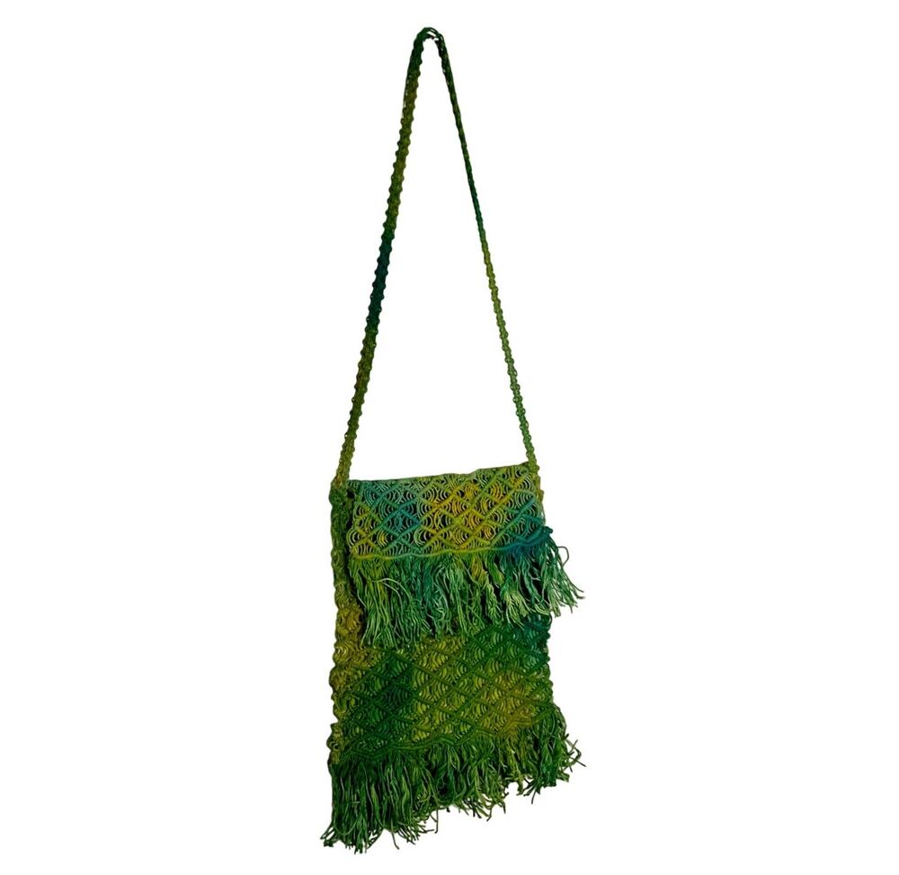 Vintage Yellow Green Macrame Crossbody Purse Reworked Hand Dyed Fringe Boho Bag